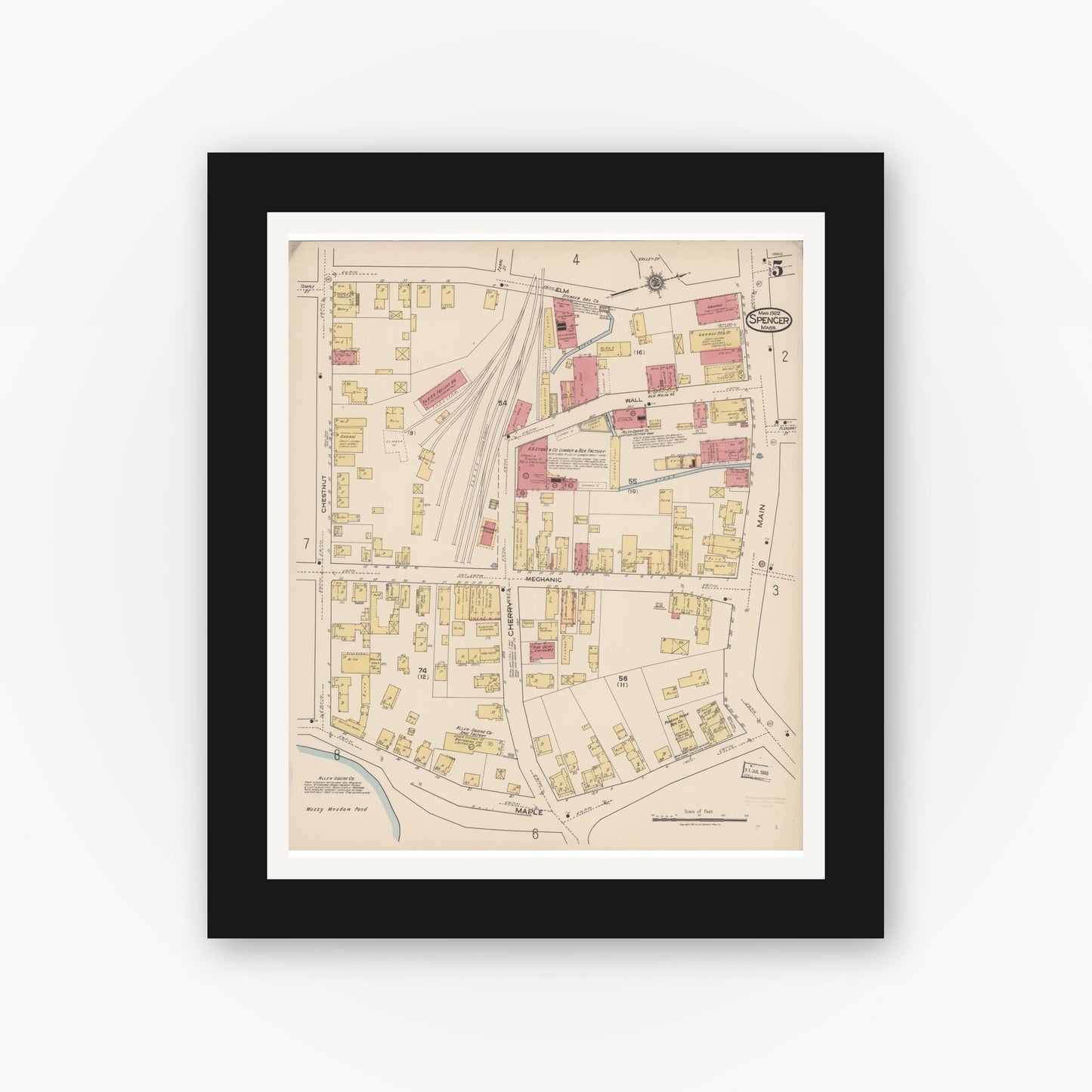 Old map wall art mockup — black gallery frame with white mat — Sanborn Fire Insurance Map from Spencer, Worcester County, Massachusetts (1922), Sheet #0005