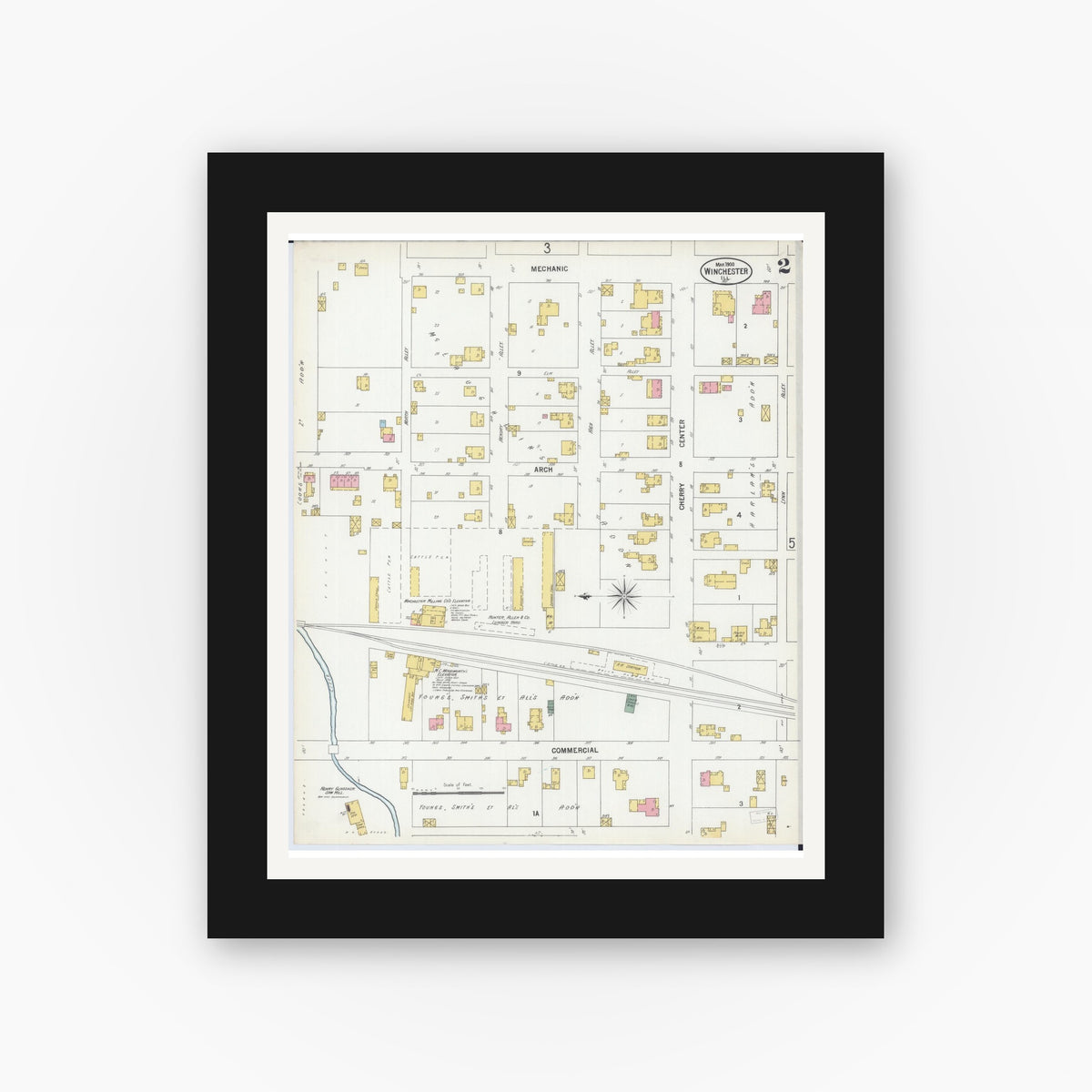 Old map wall art mockup — black gallery frame with white mat — Sanborn Fire Insurance Map from Winchester, Scott County, Illinois (1900), Sheet #0002