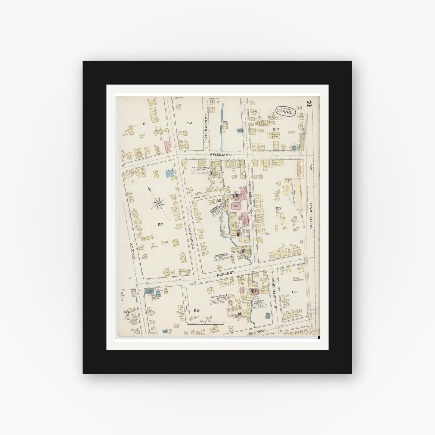 Old map wall art mockup — black gallery frame with white mat — Sanborn Fire Insurance Map from Orange, Essex County, New Jersey (1885), Sheet #0002