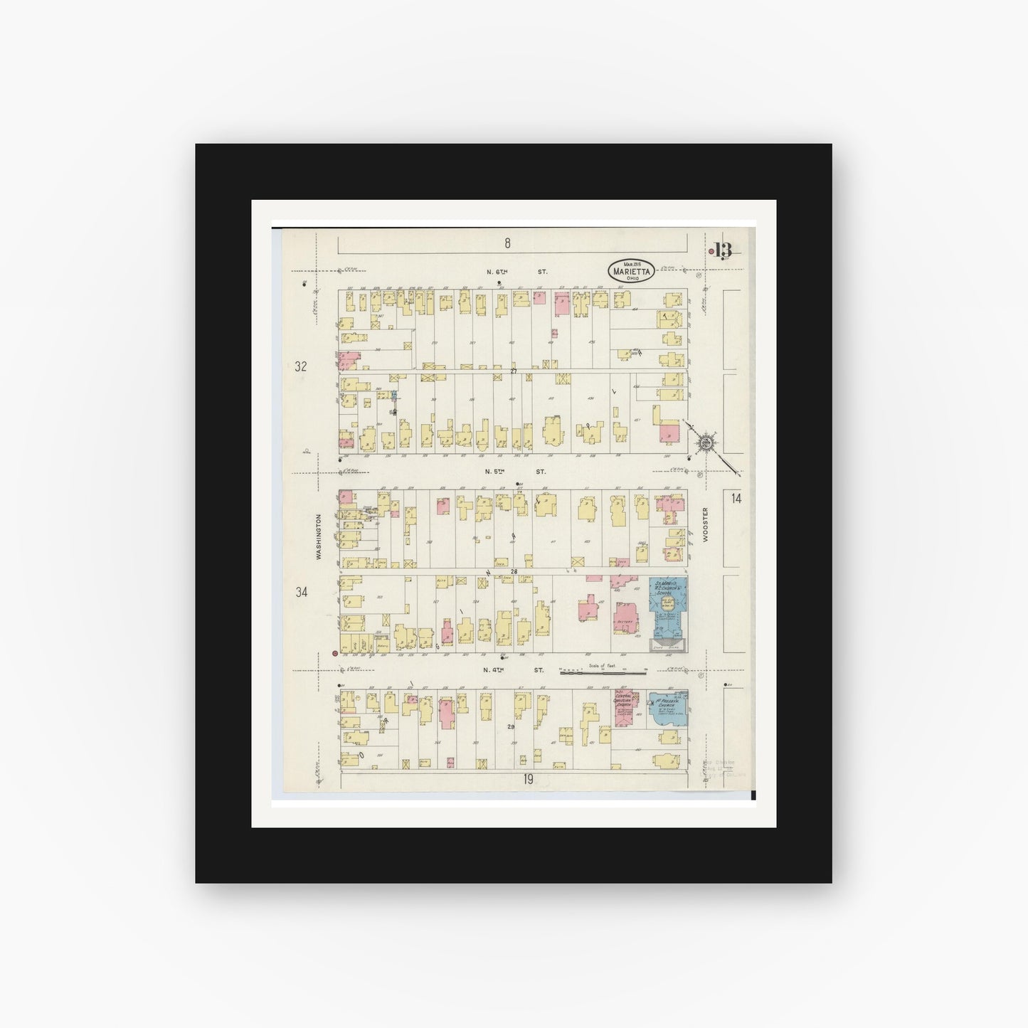Old map wall art mockup — black gallery frame with white mat — Sanborn Fire Insurance Map from Marietta, Washington County, Ohio (1915), Sheet #0013