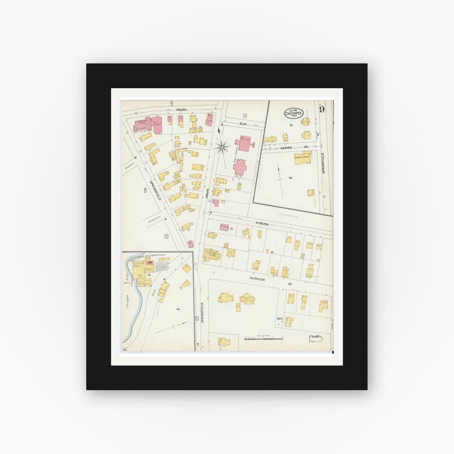 Old map wall art mockup — black gallery frame with white mat — Sanborn Fire Insurance Map from Chicopee, Hampden County, Massachusetts (1902), Sheet #0009