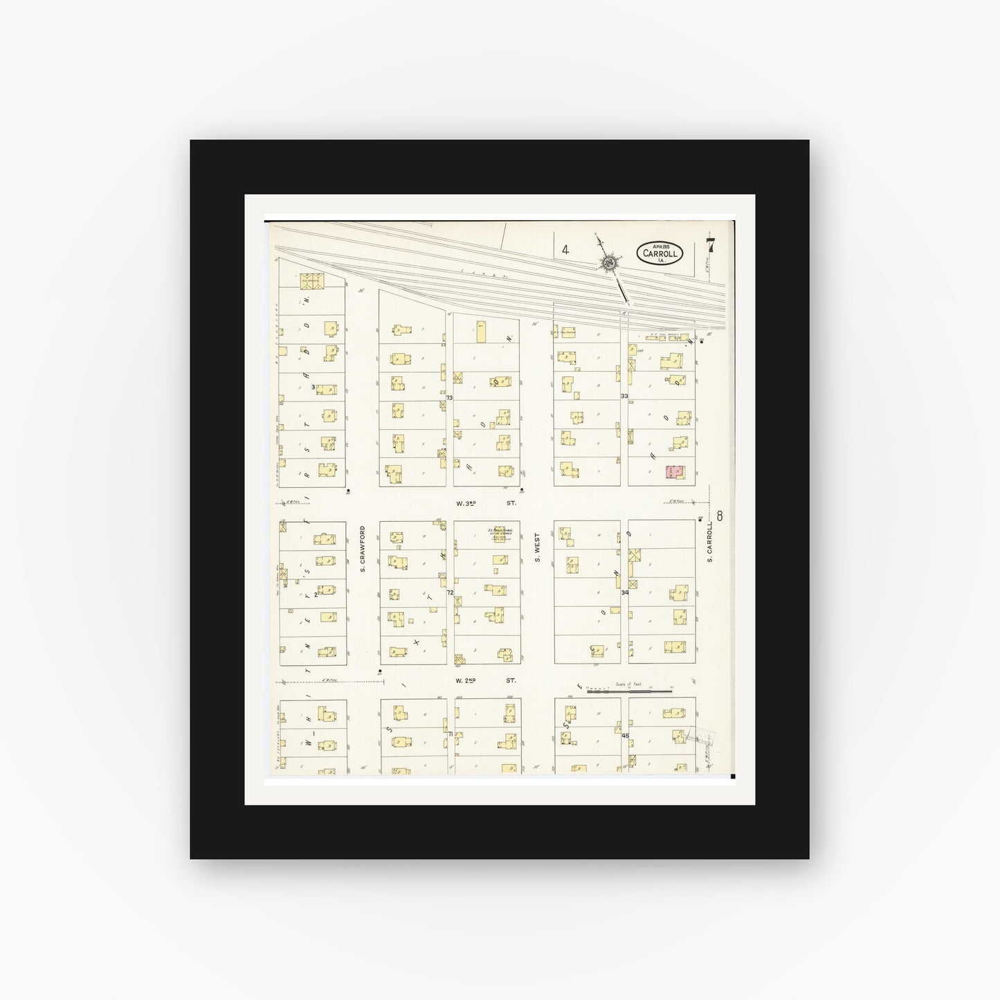 Old map wall art mockup — black gallery frame with white mat — Sanborn Fire Insurance Map from Carroll, Carroll County, Iowa (1915), Sheet #0007