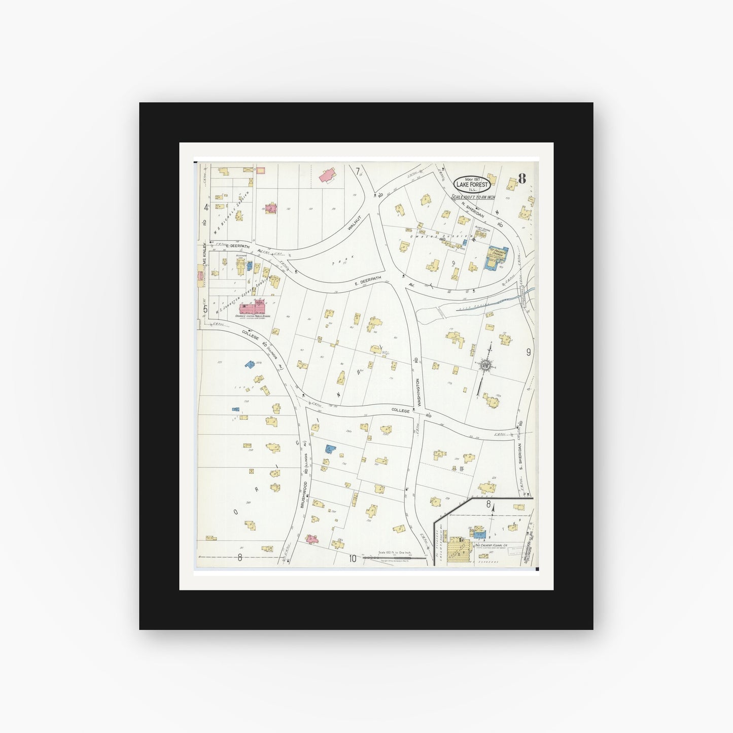 Old map wall art mockup — black gallery frame with white mat — Sanborn Fire Insurance Map from Lake Forest, Lake County, Illinois (1917), Sheet #0008
