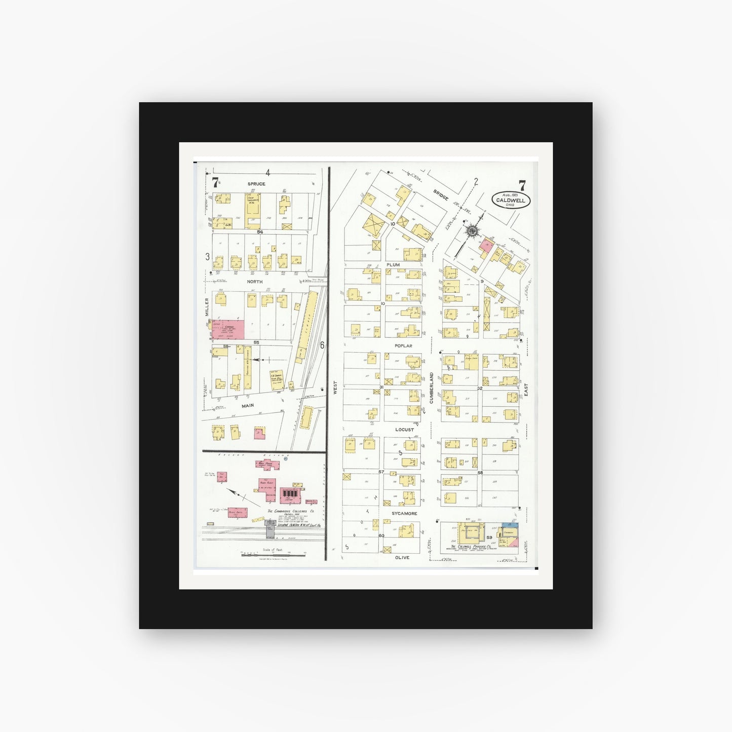 Old map wall art mockup — black gallery frame with white mat — Sanborn Fire Insurance Map from Caldwell, Noble County, Ohio (1923), Sheet #0007