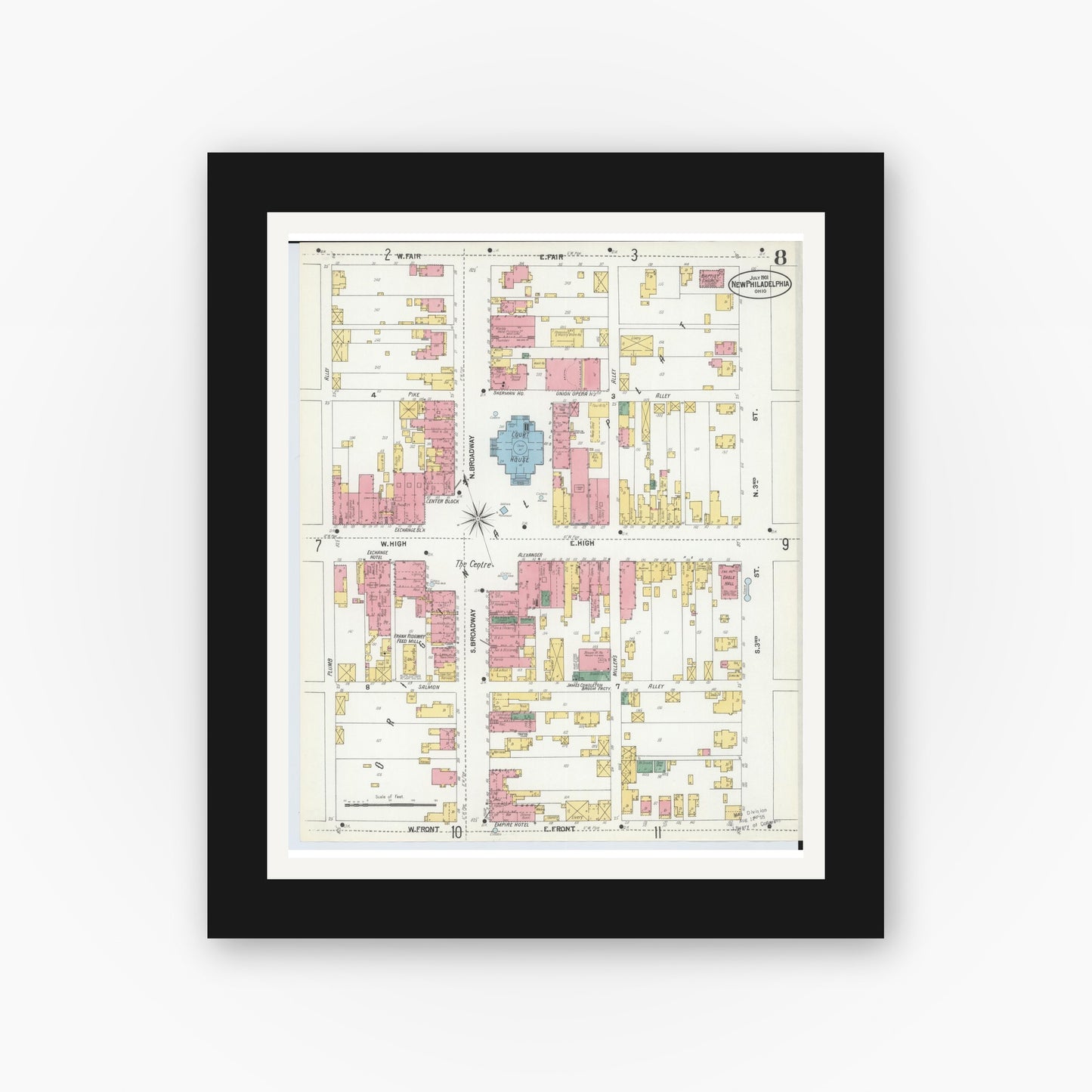 Old map wall art mockup — black gallery frame with white mat — Sanborn Fire Insurance Map from New Philadelphia, Tuscarawas County, Ohio (1901), Sheet #0008