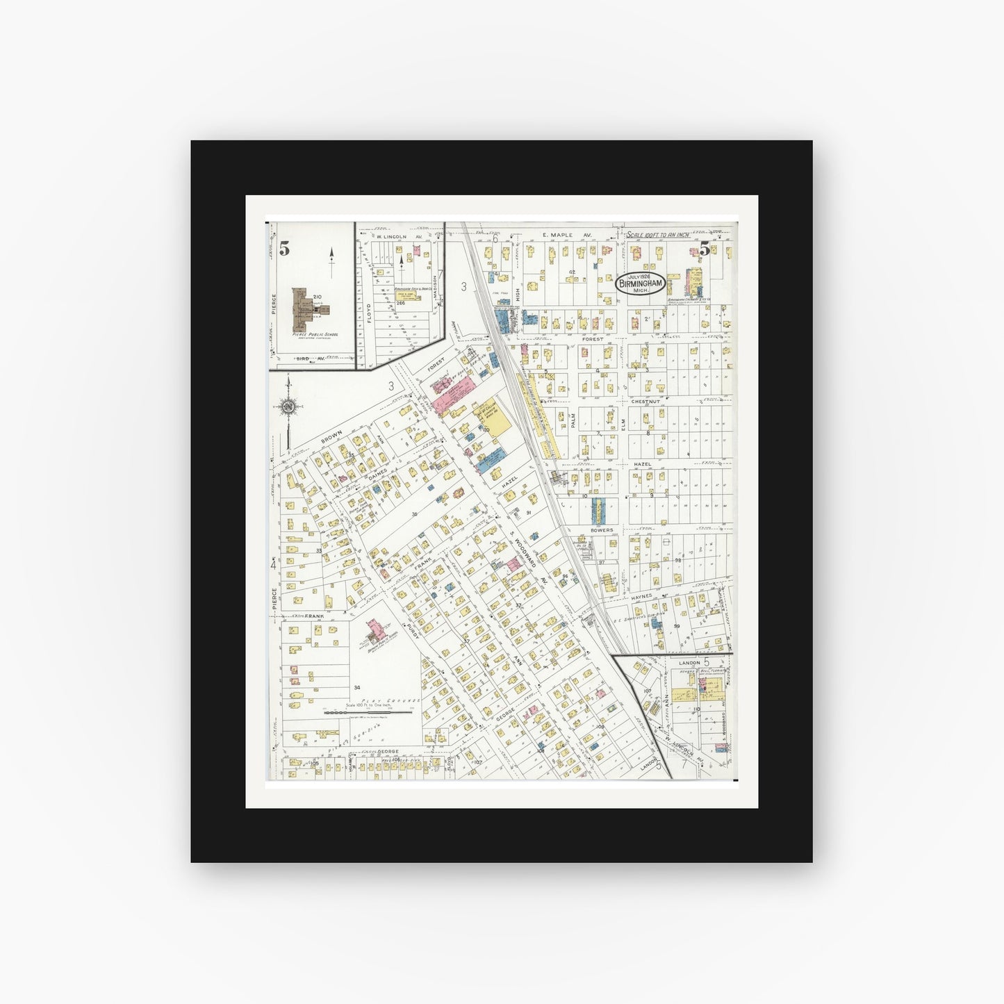 Old map wall art mockup — black gallery frame with white mat — Sanborn Fire Insurance Map from Birmingham, Oakland County, Michigan (1926), Sheet #0005