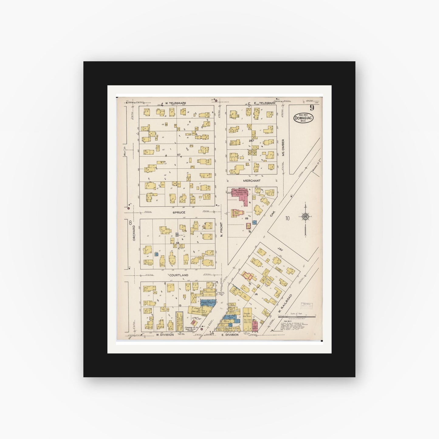 Old map wall art mockup — black gallery frame with white mat — Sanborn Fire Insurance Map from Dowagiac, Cass County, Michigan (1922), Sheet #0009