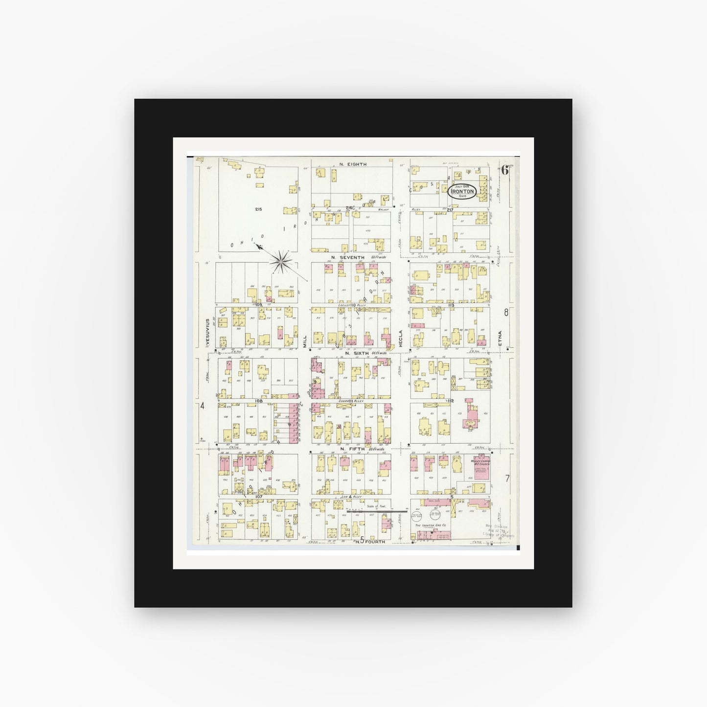 Old map wall art mockup — black gallery frame with white mat — Sanborn Fire Insurance Map from Ironton, Lawrence County, Ohio (1909), Sheet #0006