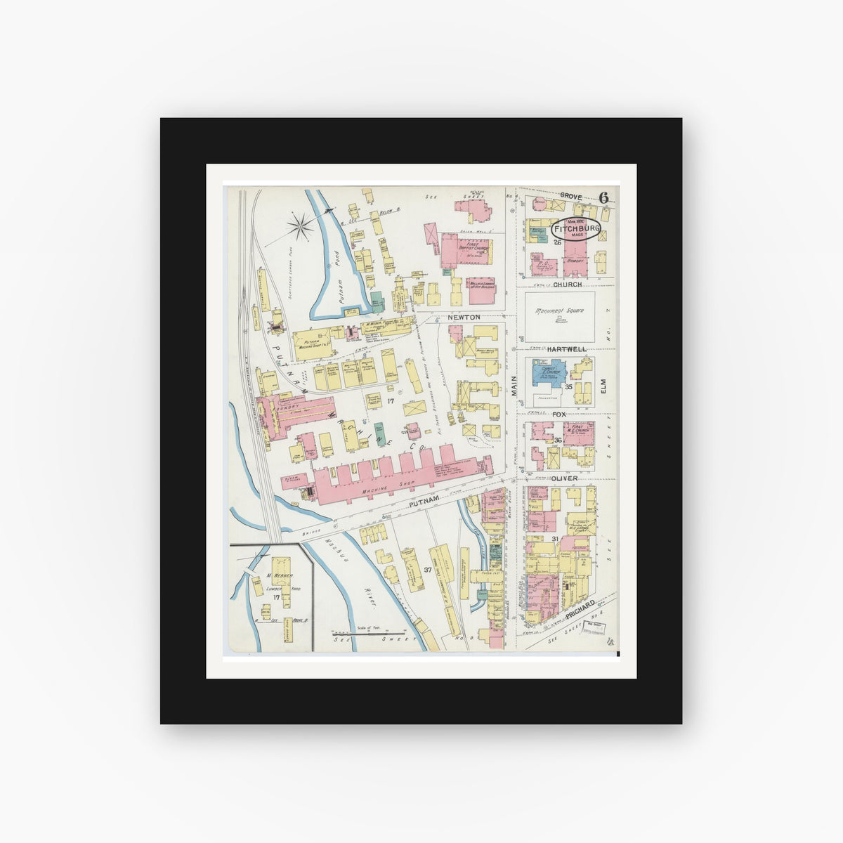 Old map wall art mockup — black gallery frame with white mat — Sanborn Fire Insurance Map from Fitchburg, Worcester County, Massachusetts (1892), Sheet #0006