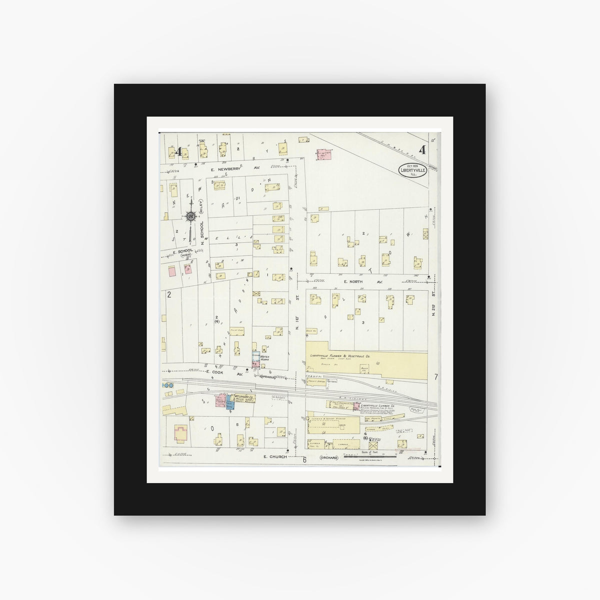 Old map wall art mockup — black gallery frame with white mat — Sanborn Fire Insurance Map from Libertyville, Lake County, Illinois (1924), Sheet #0004