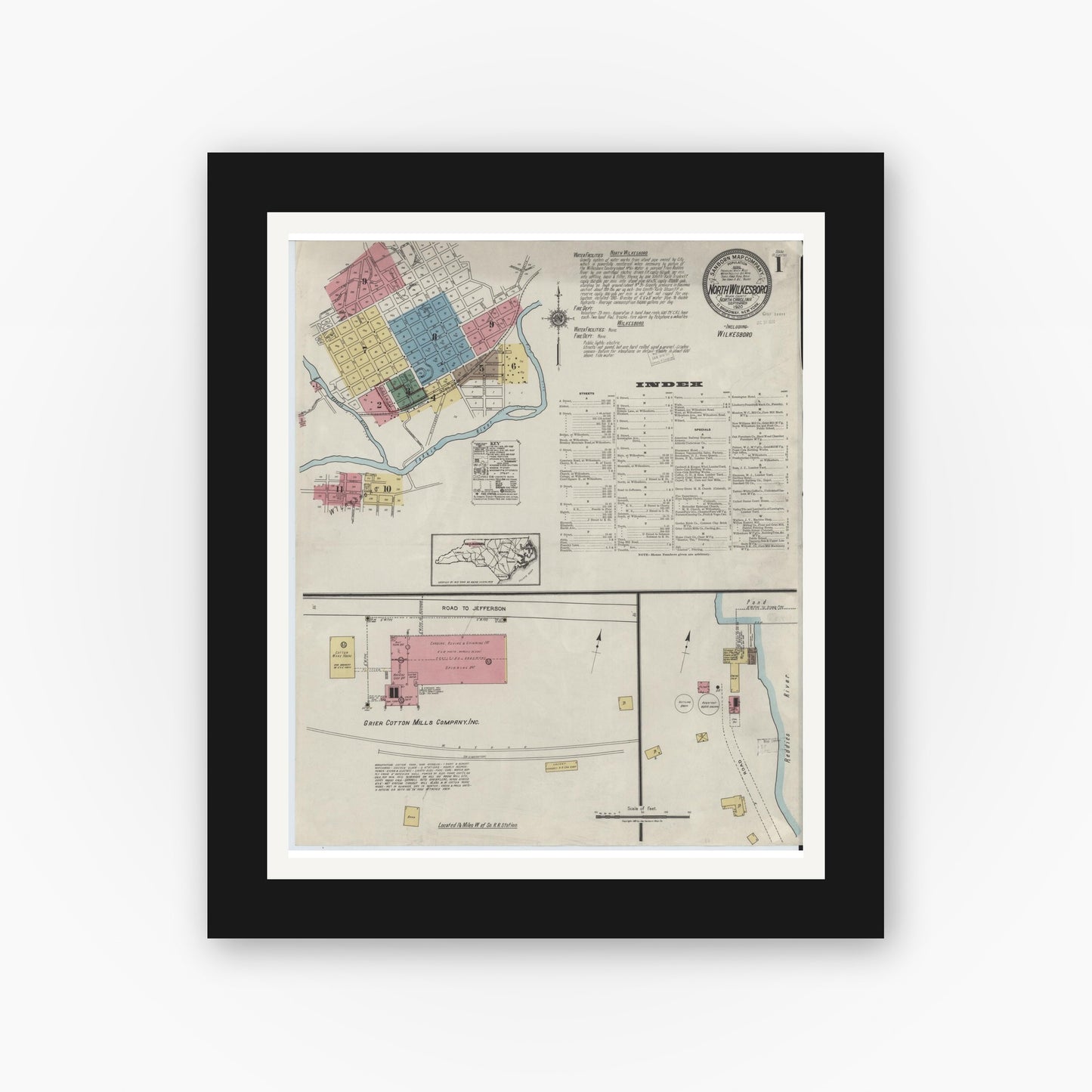 Old map wall art mockup — black gallery frame with white mat — Sanborn Fire Insurance Map from North Wilkesboro, Wilkes County, North Carolina (1920), Sheet #0001