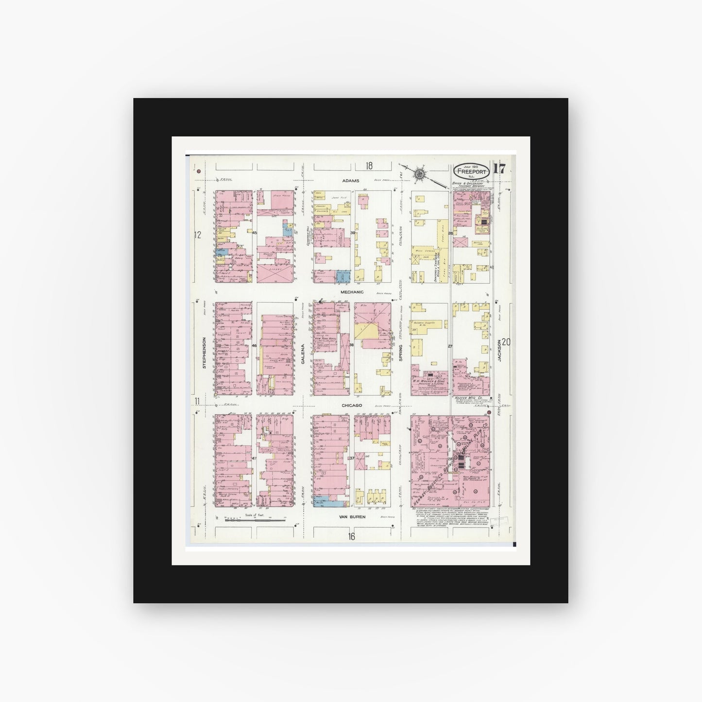 Old map wall art mockup — black gallery frame with white mat — Sanborn Fire Insurance Map from Freeport, Stephenson County, Illinois (1910), Sheet #0017