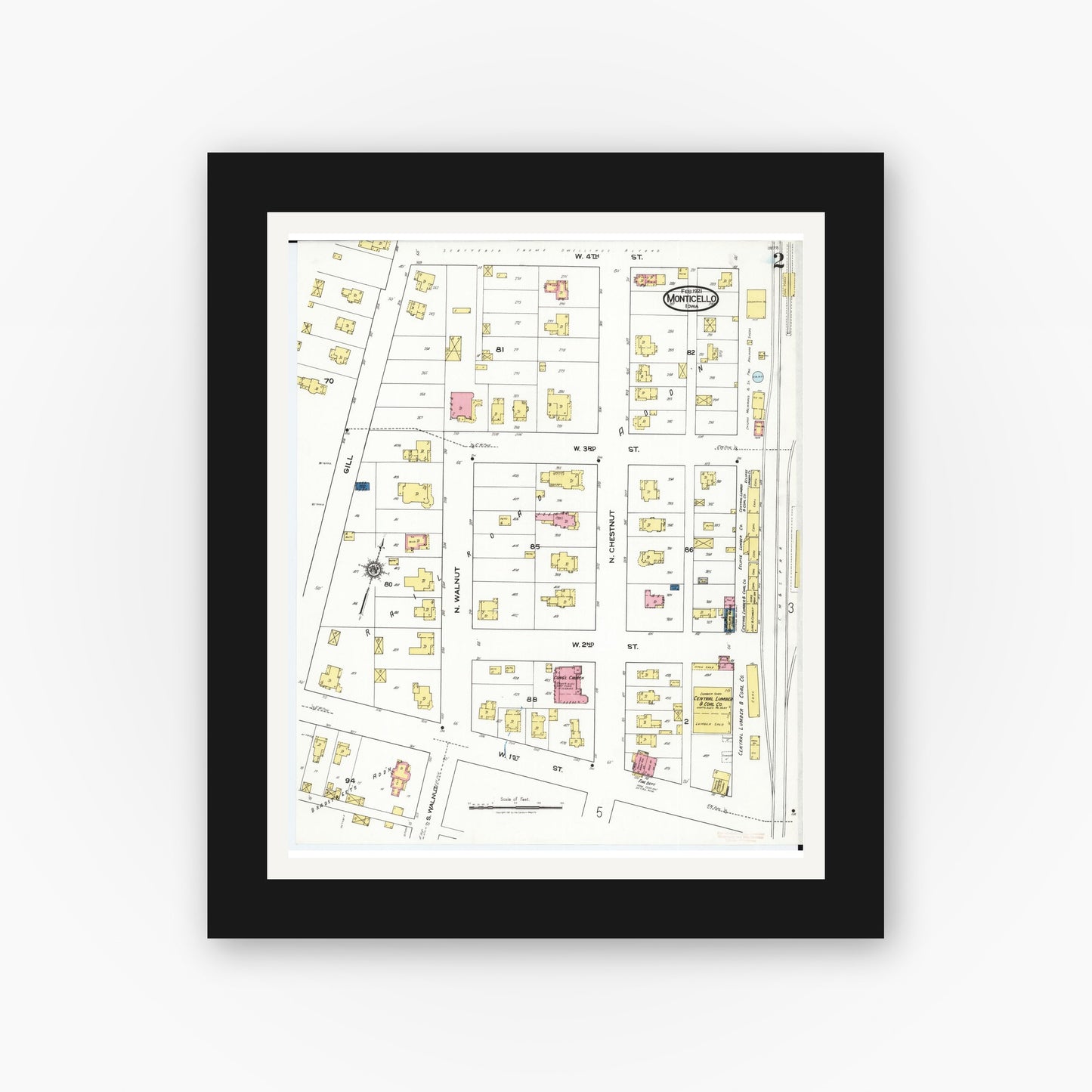 Old map wall art mockup β black gallery frame with white mat β Sanborn Fire Insurance Map from Monticello, Jones County, Iowa (1921), Sheet #0002