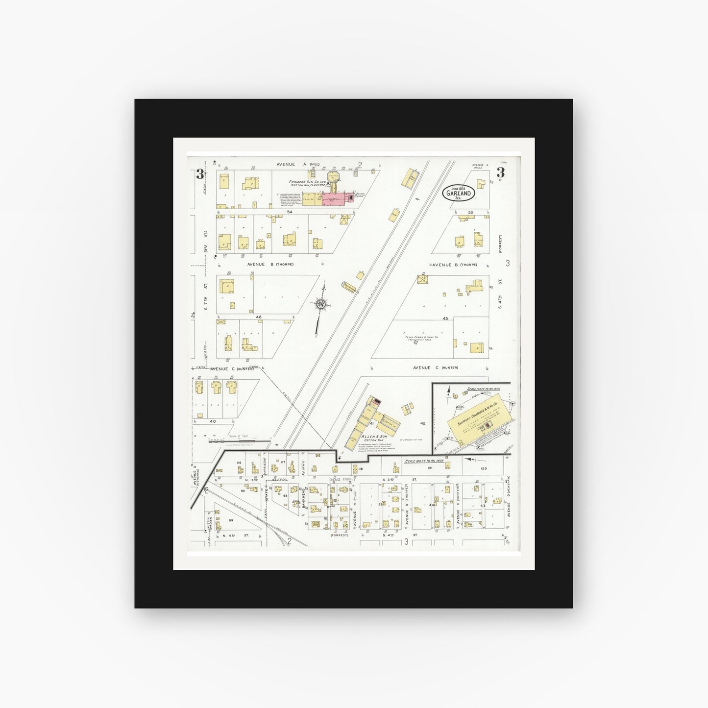 Old map wall art mockup — black gallery frame with white mat — Sanborn Fire Insurance Map from Garland, Dallas County, Texas (1928), Sheet #0003