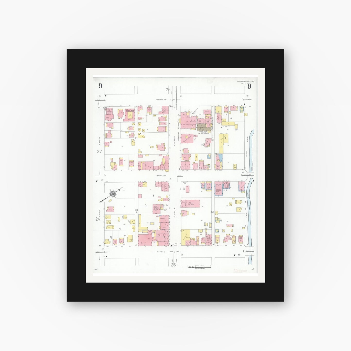 Old map wall art mockup — black gallery frame with white mat — Sanborn Fire Insurance Map from Jefferson City, Cole County, Missouri (1939), Sheet #0009