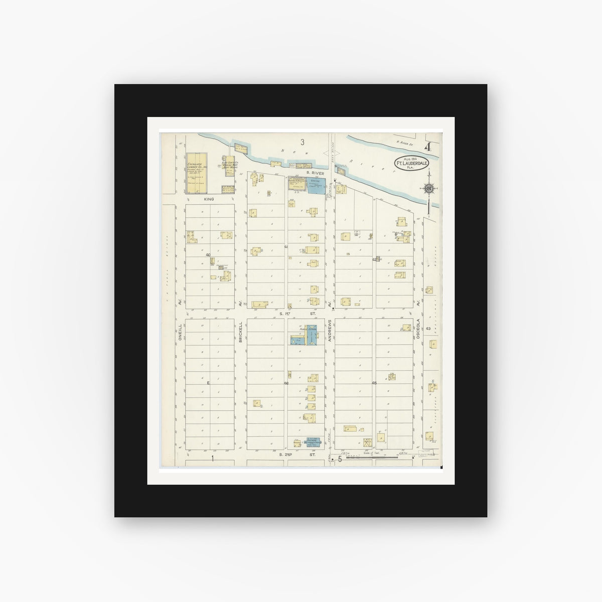 Old map wall art mockup — black gallery frame with white mat — Sanborn Fire Insurance Map from Fort Lauderdale, Broward County, Florida (1914), Sheet #0004