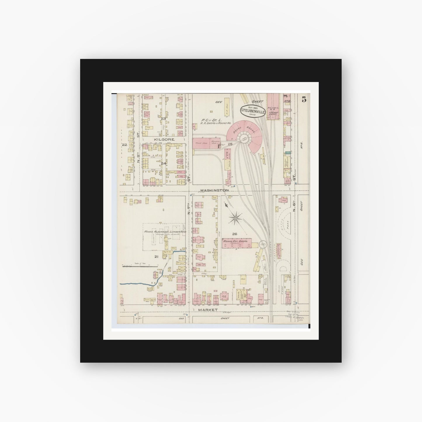 Old map wall art mockup — black gallery frame with white mat — Sanborn Fire Insurance Map from Steubenville, Jefferson County, Ohio (1885), Sheet #0005