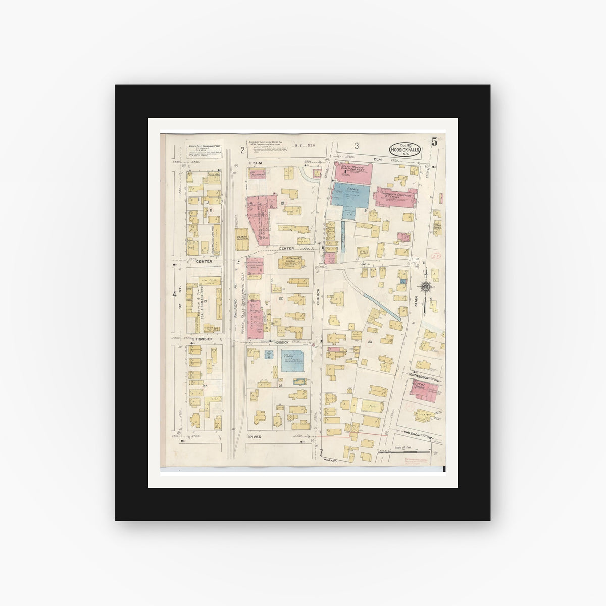 Old map wall art mockup — black gallery frame with white mat — Sanborn Fire Insurance Map from Hoosick Falls, Rensselaer County, New York (1945), Sheet #0005