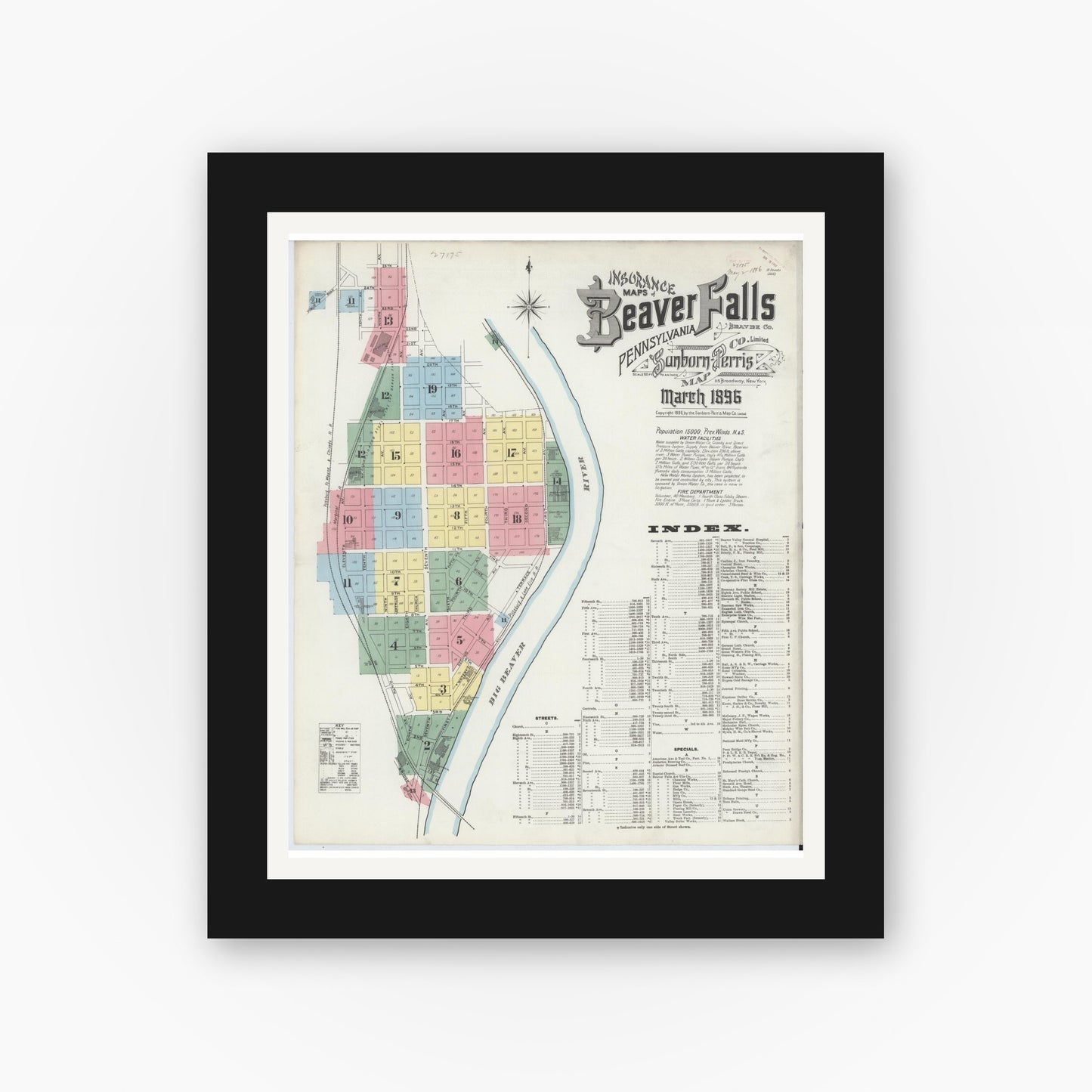 Old map wall art mockup — black gallery frame with white mat — Sanborn Fire Insurance Map from Beaver Falls, Beaver County, Pennsylvania (1896), Sheet #0001