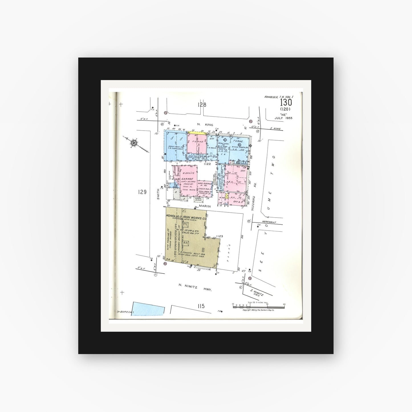 Old map wall art mockup — black gallery frame with white mat — Sanborn Fire Insurance Map from Honolulu, Oahu County, Hawaii (1955), Sheet #0130
