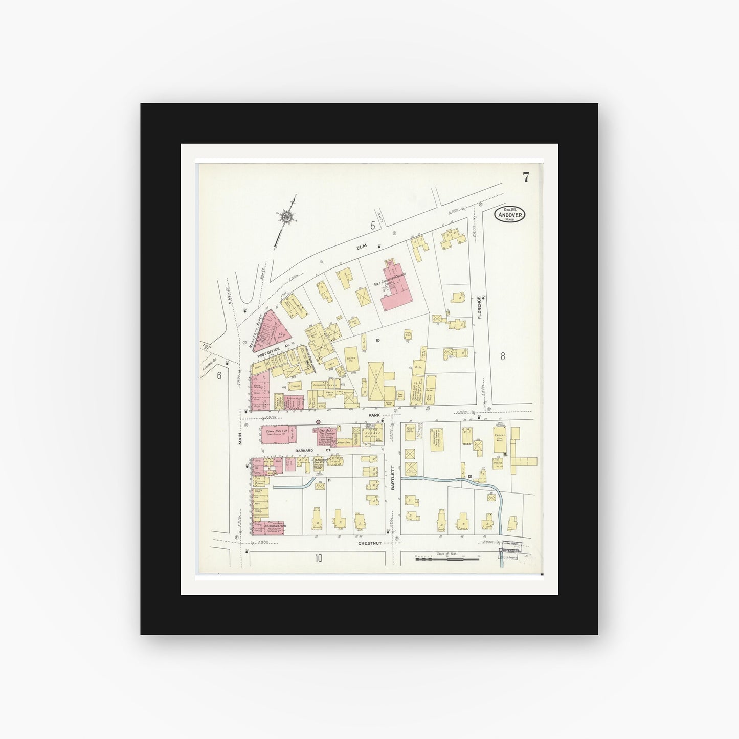 Old map wall art mockup — black gallery frame with white mat — Sanborn Fire Insurance Map from Andover, Essex County, Massachusetts (1911), Sheet #0007