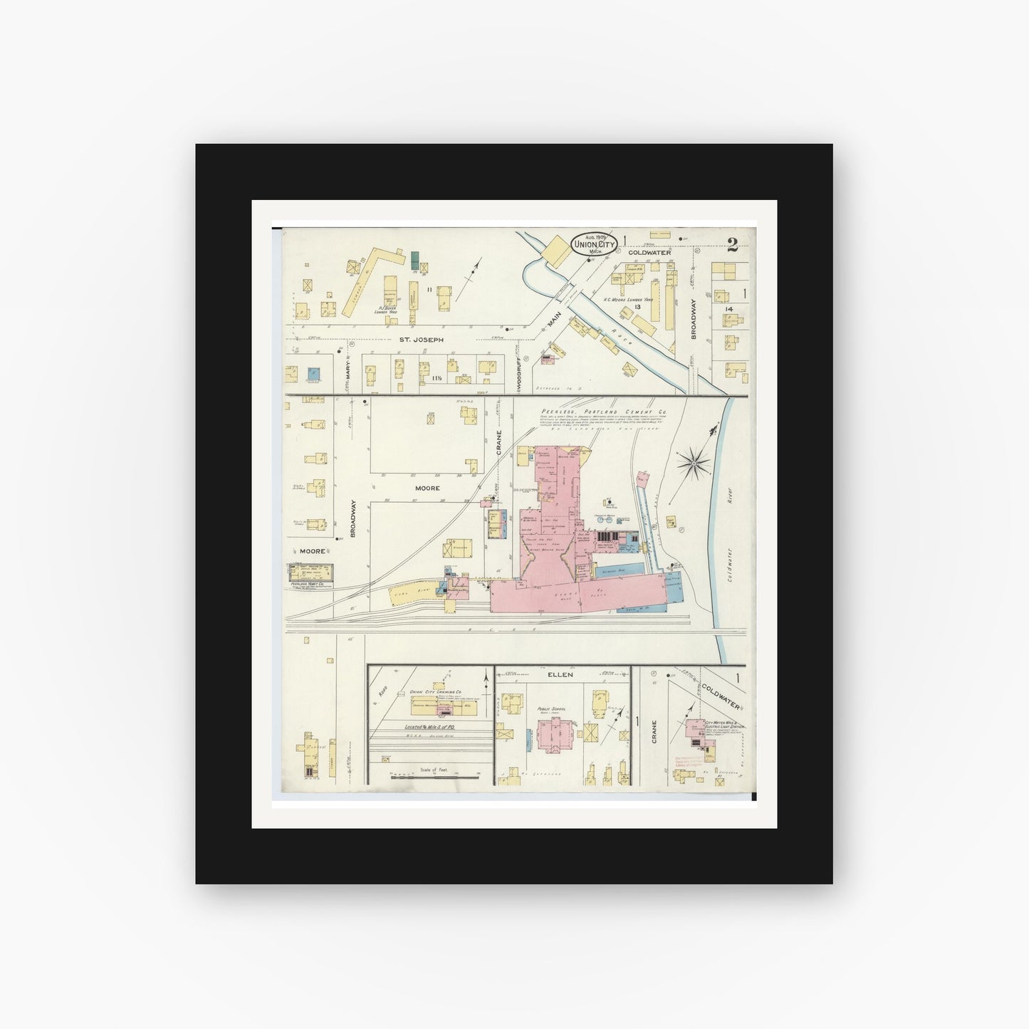 Old map wall art mockup — black gallery frame with white mat — Sanborn Fire Insurance Map from Union City, Branch And Calhoun Counties, Michigan (1909), Sheet #0002
