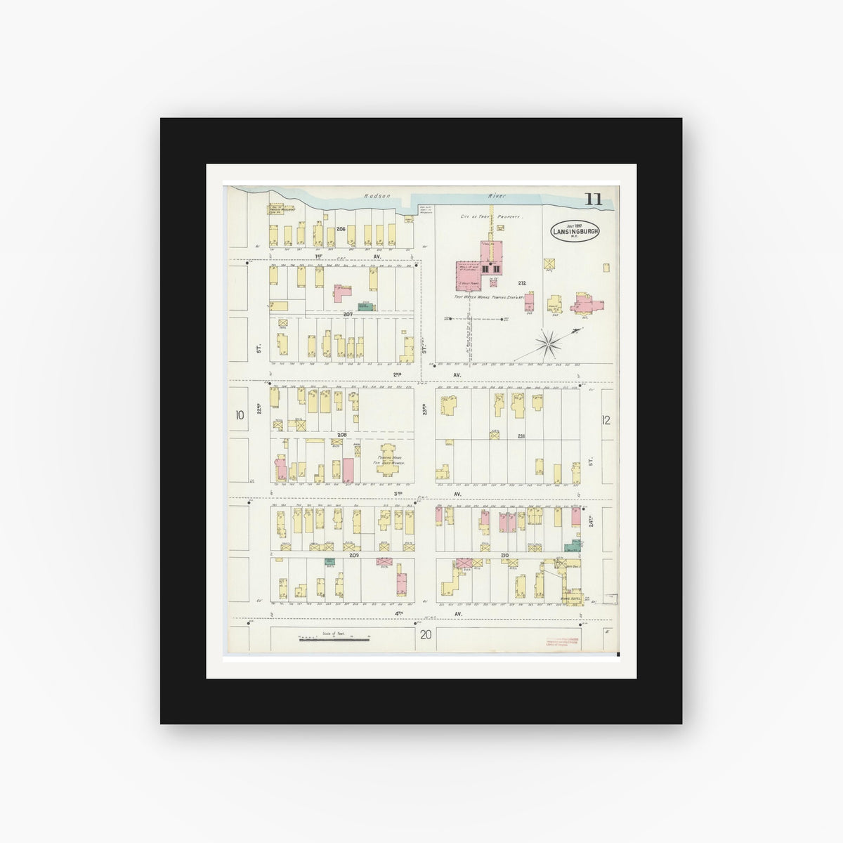 Old map wall art mockup — black gallery frame with white mat — Sanborn Fire Insurance Map from Lansingburg, Rensselaer County, New York (1897), Sheet #0011