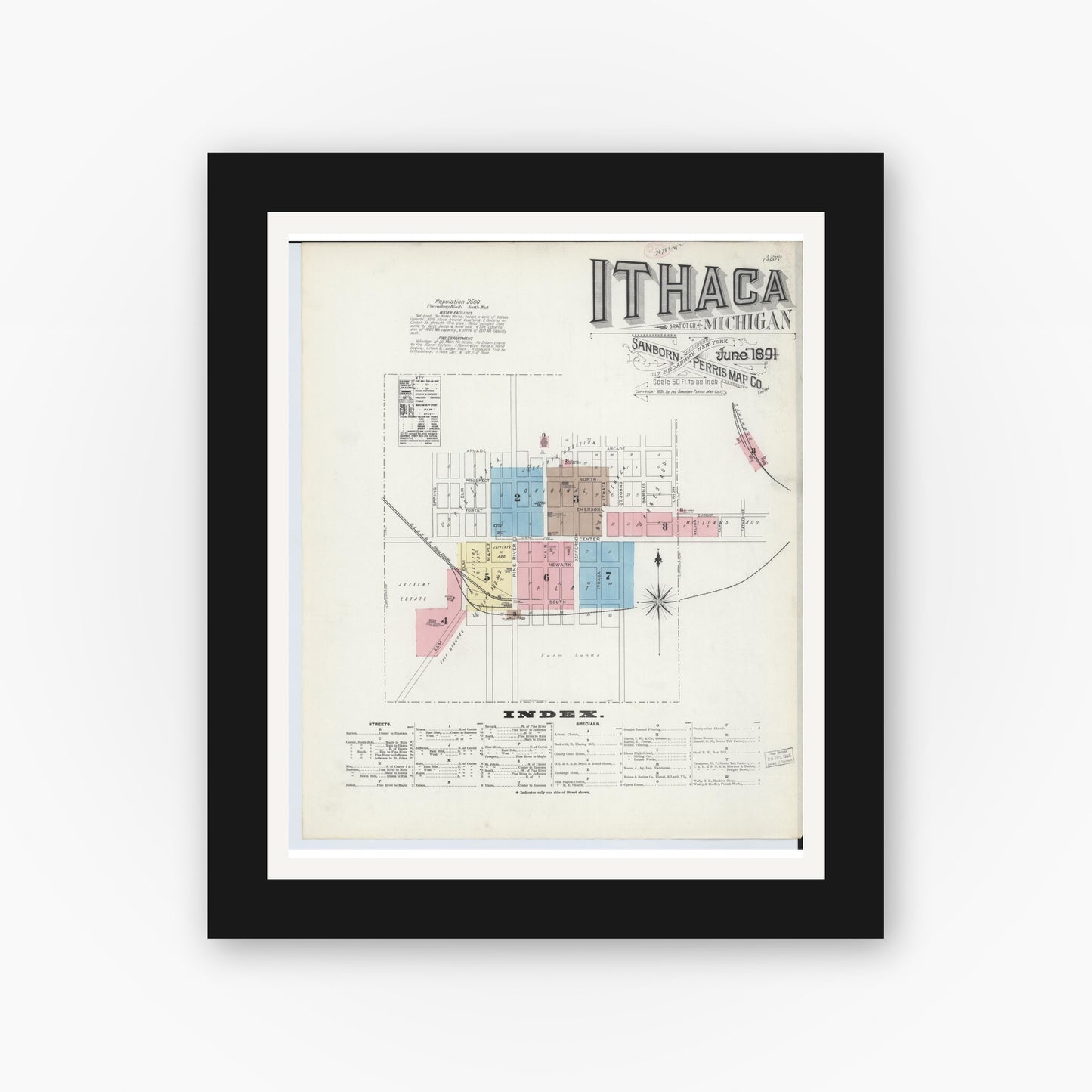 Old map wall art mockup — black gallery frame with white mat — Sanborn Fire Insurance Map from Ithaca, Gratiot County, Michigan (1891) - Complete Map Set