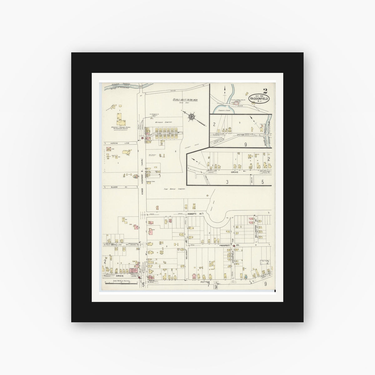 Old map wall art mockup — black gallery frame with white mat — Sanborn Fire Insurance Map from Haddonfield, Camden County, New Jersey (1914), Sheet #0002