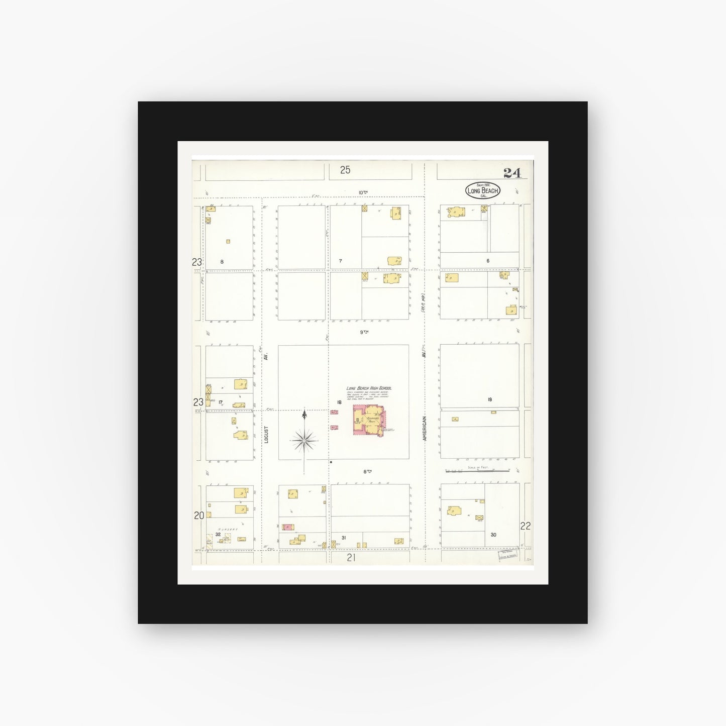 Old map wall art mockup — black gallery frame with white mat — Sanborn Fire Insurance Map from Long Beach, Los Angeles County, California (1902), Sheet #0024