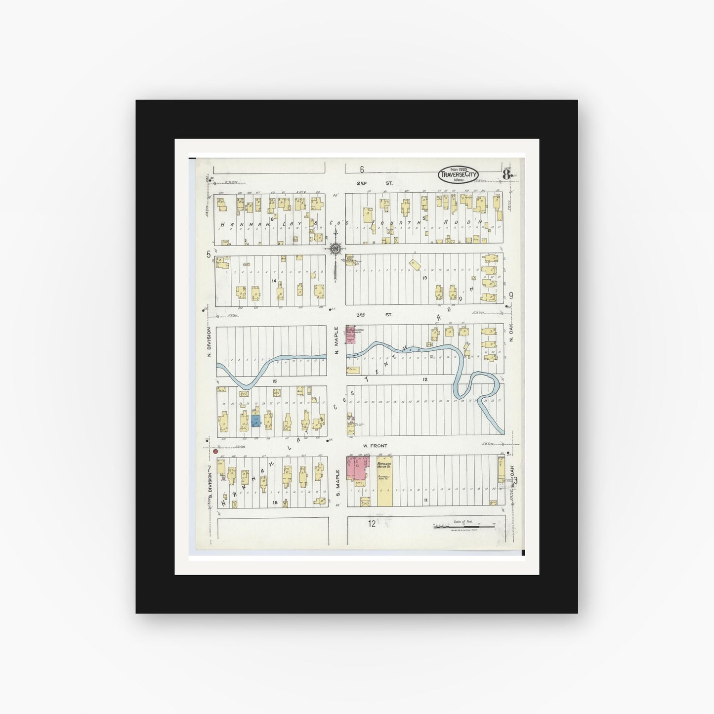 Old map wall art mockup — black gallery frame with white mat — Sanborn Fire Insurance Map from Traverse City, Grand Traverse County, Michigan (1920), Sheet #0008