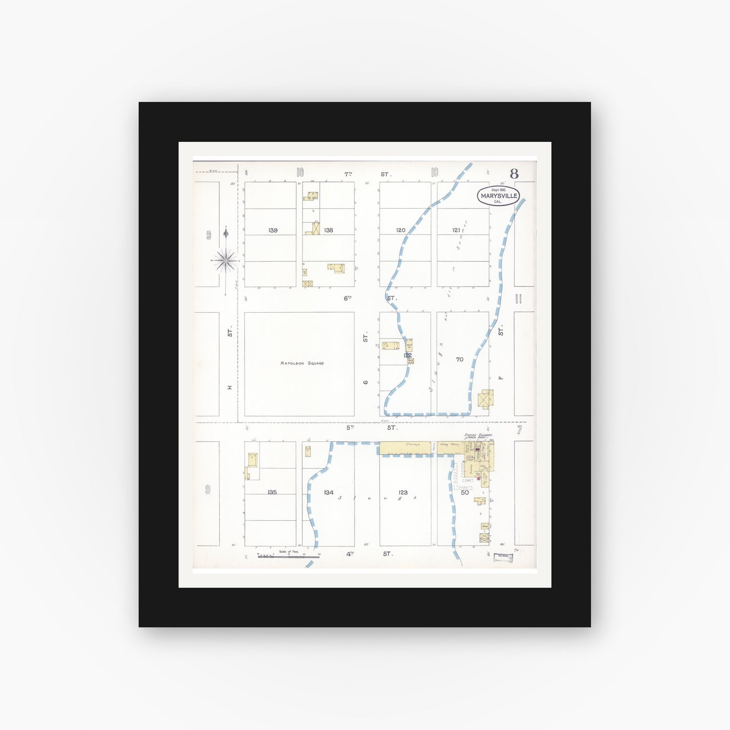 Old map wall art mockup — black gallery frame with white mat — Sanborn Fire Insurance Map from Marysville, Yuba County, California (1895), Sheet #0008
