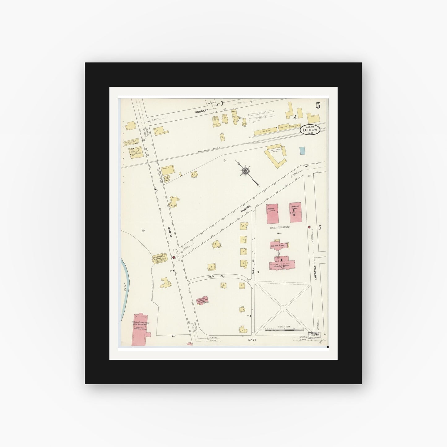 Old map wall art mockup — black gallery frame with white mat — Sanborn Fire Insurance Map from Ludlow, Hampden County, Massachusetts (1911), Sheet #0005