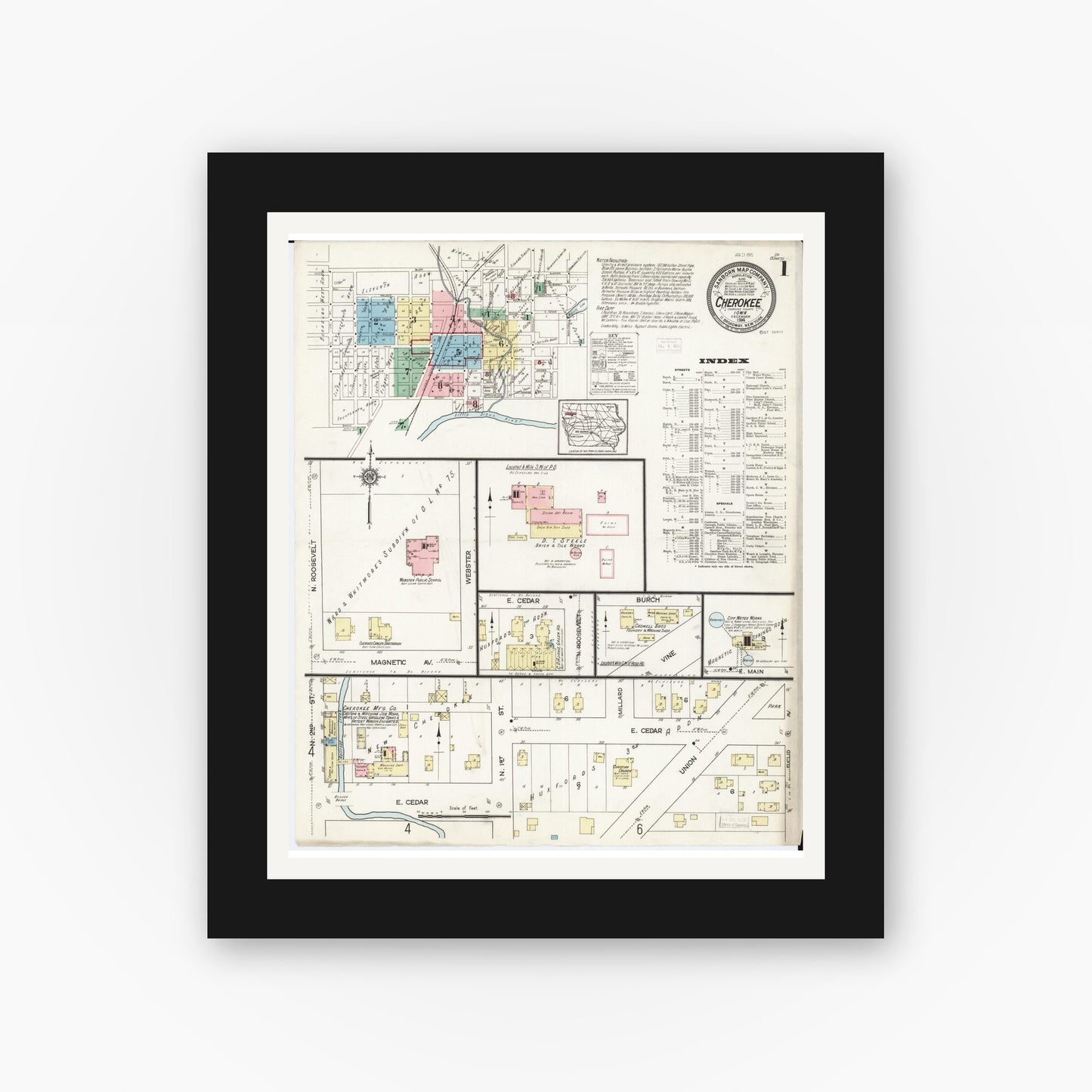 Old map wall art mockup — black gallery frame with white mat — Sanborn Fire Insurance Map from Cherokee, Cherokee County, Iowa (1914), Sheet #0001