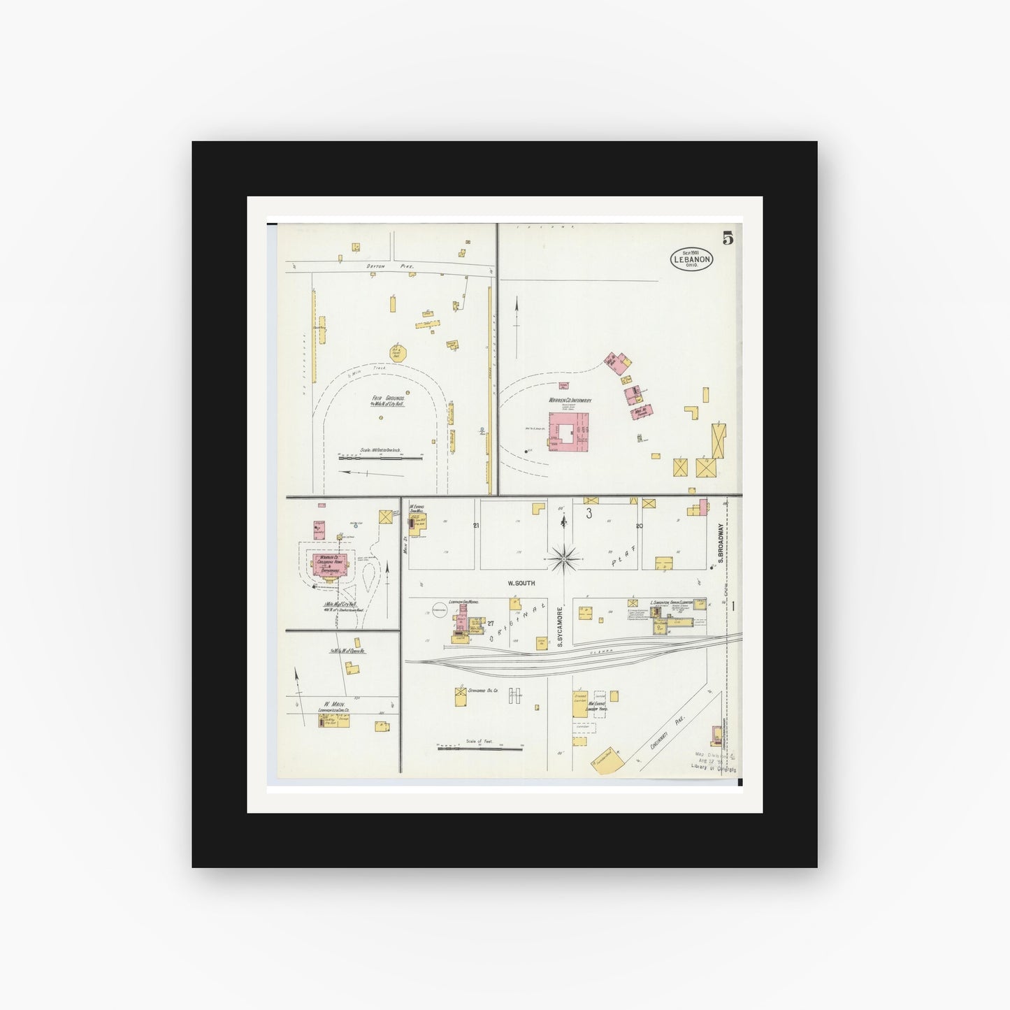 Old map wall art mockup — black gallery frame with white mat — Sanborn Fire Insurance Map from Lebanon, Warren County, Ohio (1901), Sheet #0005