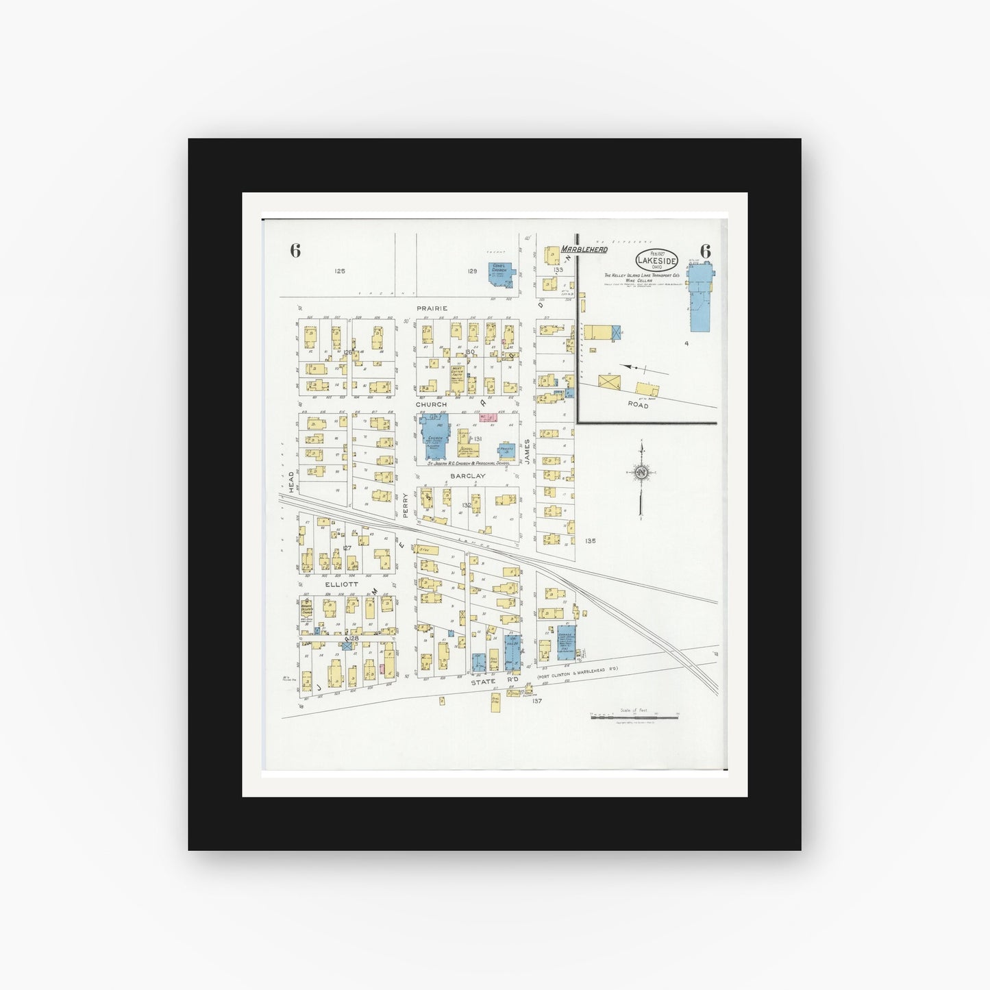 Old map wall art mockup — black gallery frame with white mat — Sanborn Fire Insurance Map from Lakeside, Ottawa County, Ohio (1927), Sheet #0006