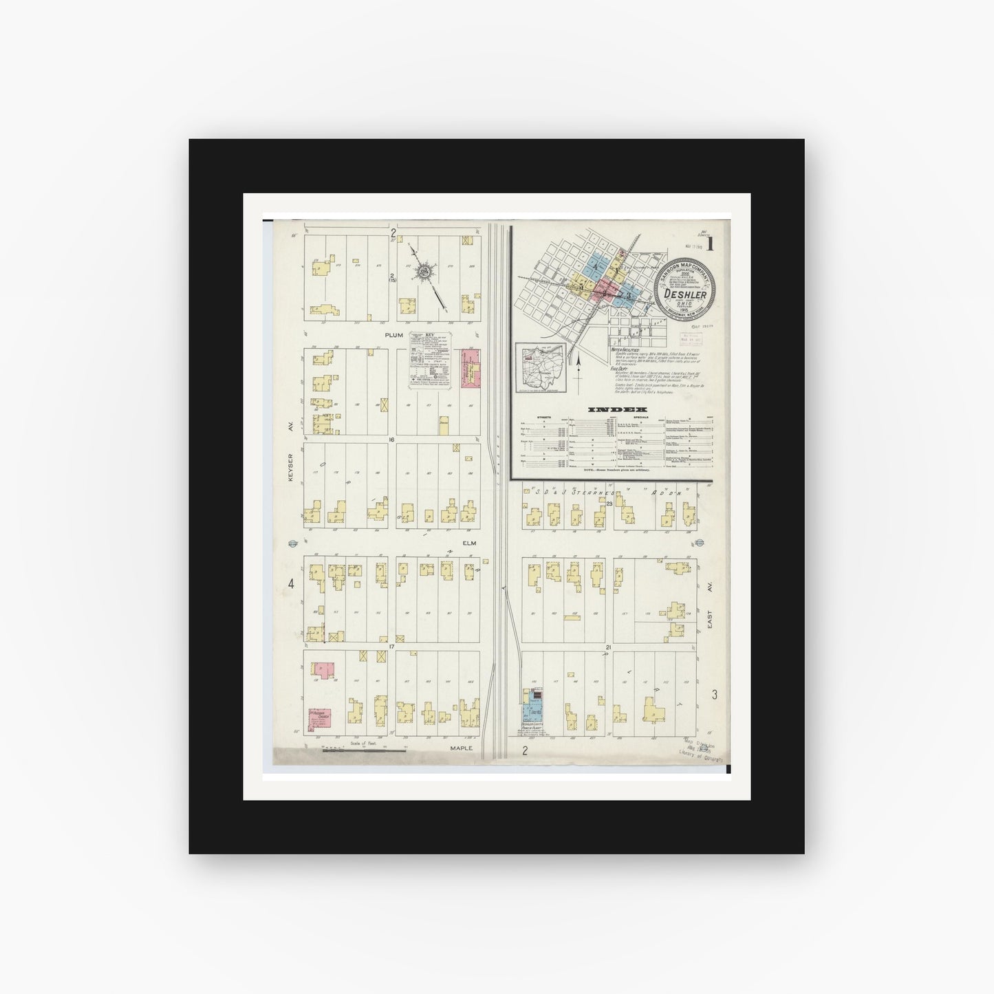 Old map wall art mockup — black gallery frame with white mat — Sanborn Fire Insurance Map from Deshler, Henry County, Ohio (1915) - Complete Map Set