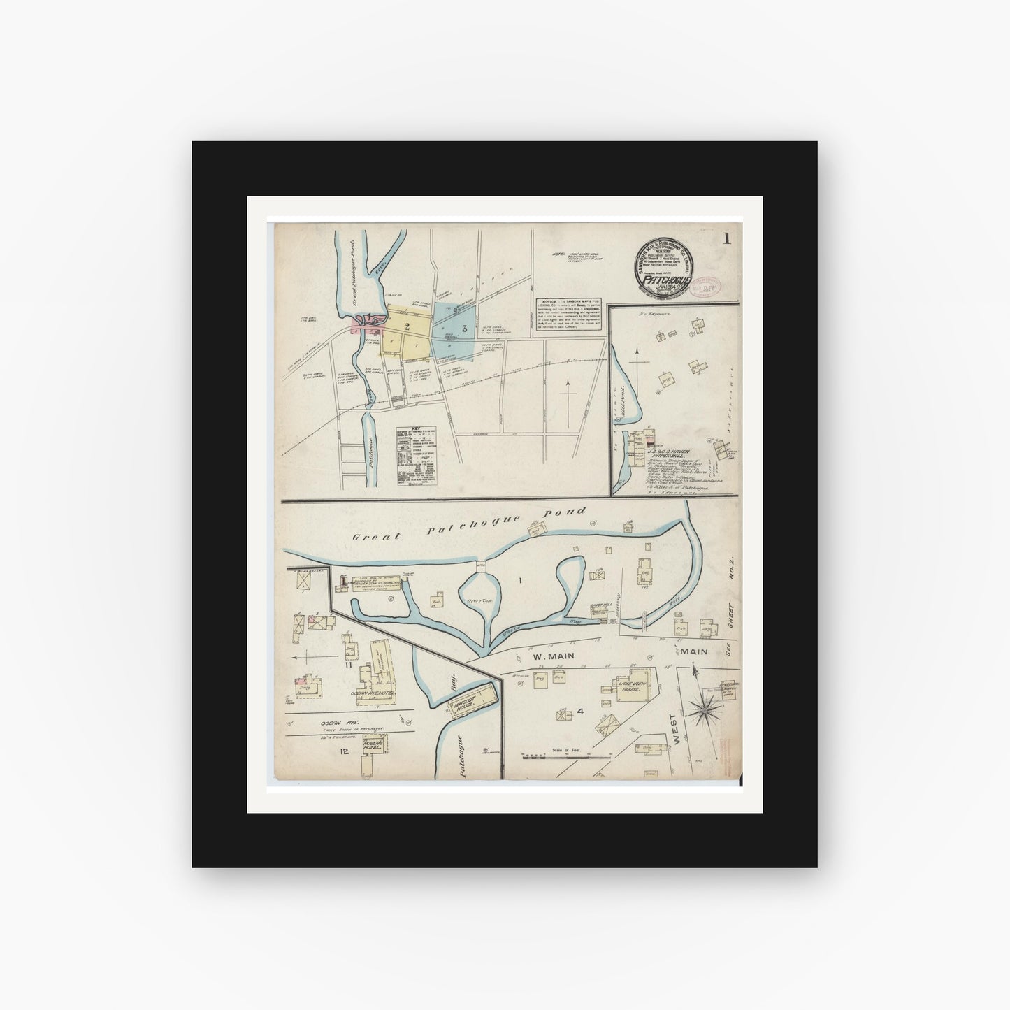 Old map wall art mockup — black gallery frame with white mat — Sanborn Fire Insurance Map from Patchogue, Suffolk County, New York (1884) - Complete Map Set