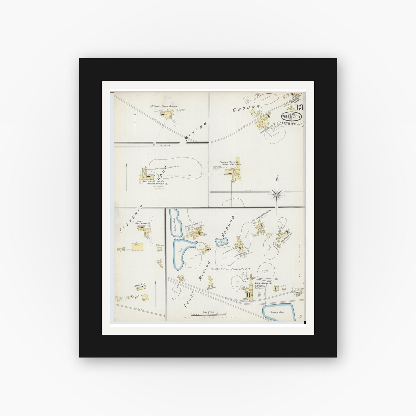 Old map wall art mockup — black gallery frame with white mat — Sanborn Fire Insurance Map from Webb City, Jasper County, Missouri (1893), Sheet #0013