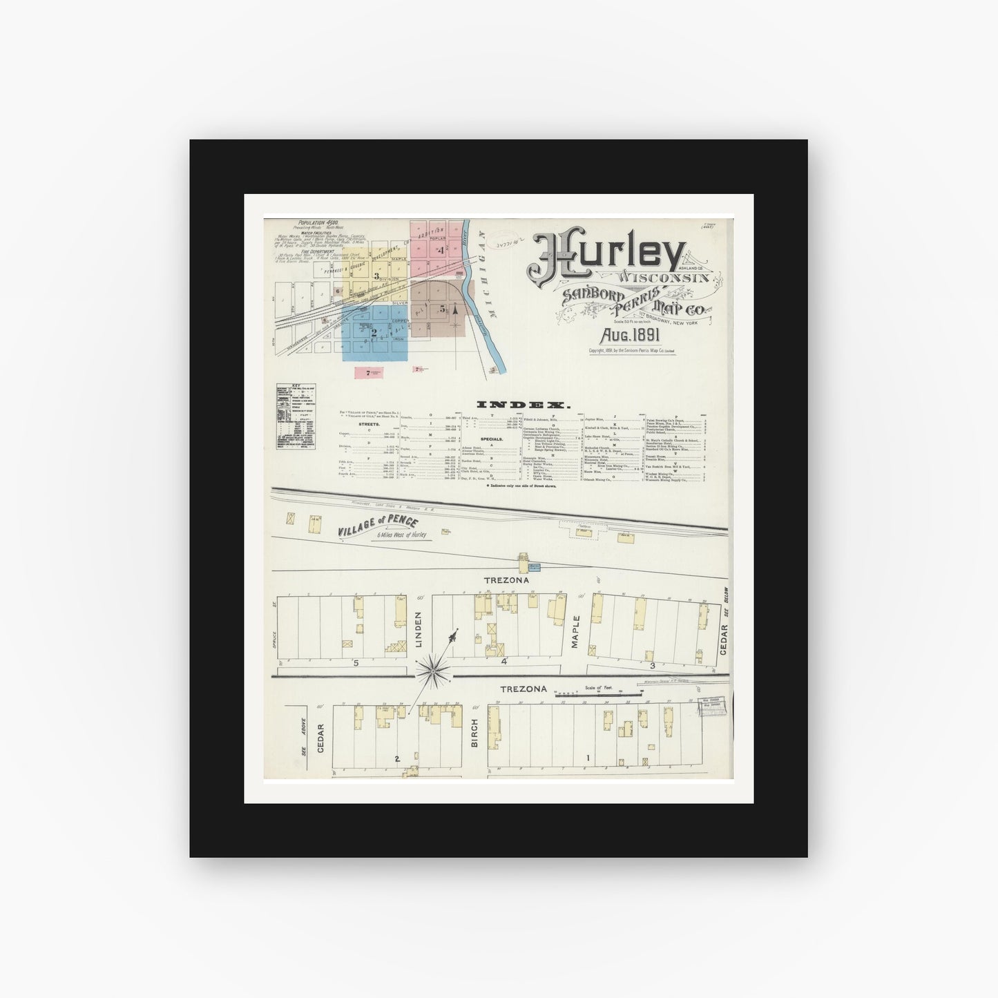 Old map wall art mockup — black gallery frame with white mat — Sanborn Fire Insurance Map from Hurley, Iron County, Wisconsin (1891) - Complete Map Set