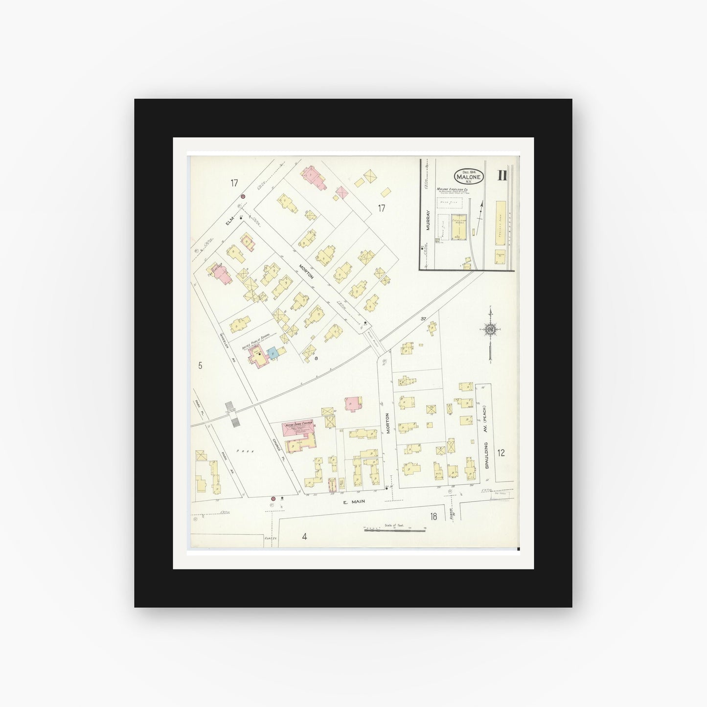 Old map wall art mockup — black gallery frame with white mat — Sanborn Fire Insurance Map from Malone, Franklin County, New York (1914), Sheet #0011