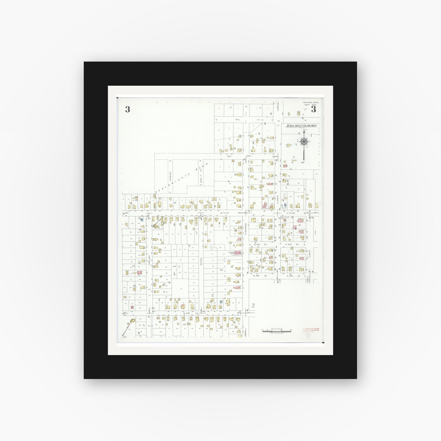 Old map wall art mockup — black gallery frame with white mat — Sanborn Fire Insurance Map from Davison, Genesee County, Michigan (1939), Sheet #0003