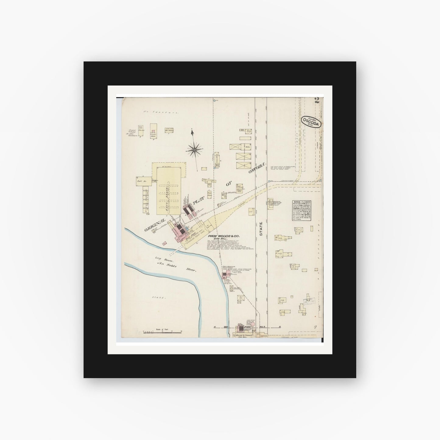 Old map wall art mockup — black gallery frame with white mat — Sanborn Fire Insurance Map from Oscoda, Iosco County, Michigan (1884), Sheet #0002