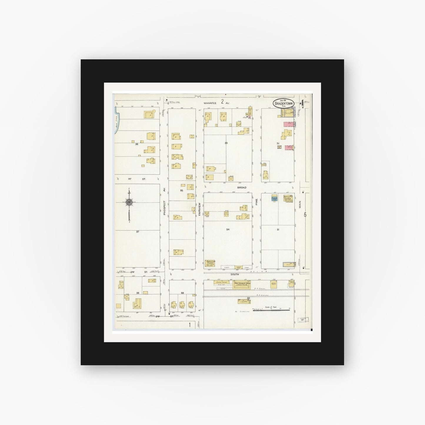Old map wall art mockup — black gallery frame with white mat — Sanborn Fire Insurance Map from Bradentown, Manatee County, Florida (1911), Sheet #0004