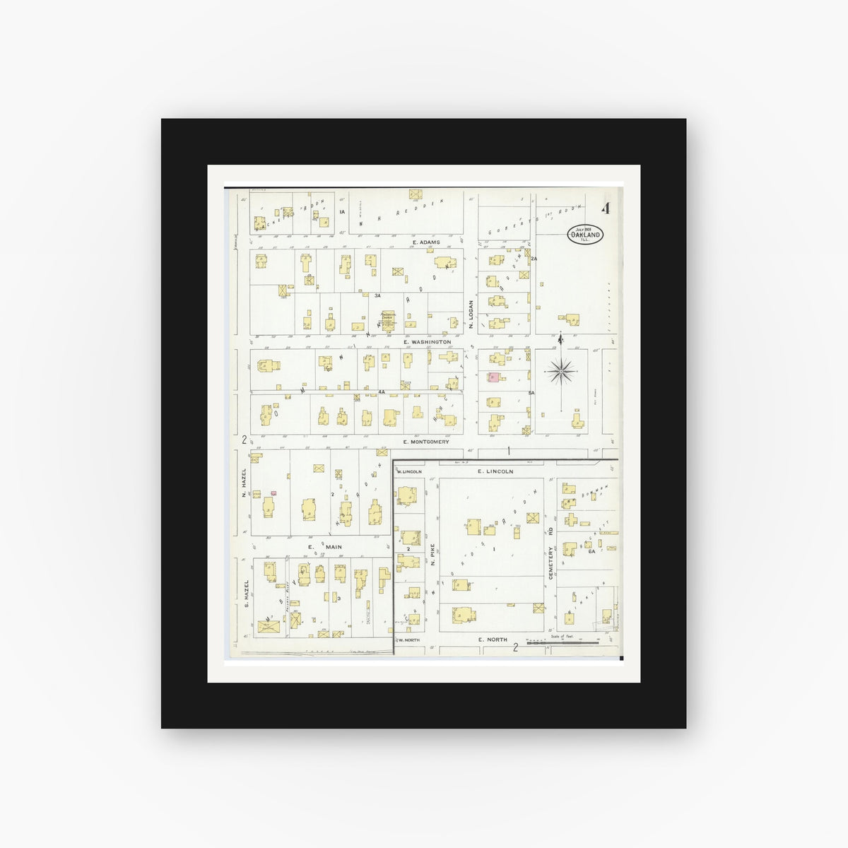 Old map wall art mockup — black gallery frame with white mat — Sanborn Fire Insurance Map from Oakland, Coles County, Illinois (1909), Sheet #0004