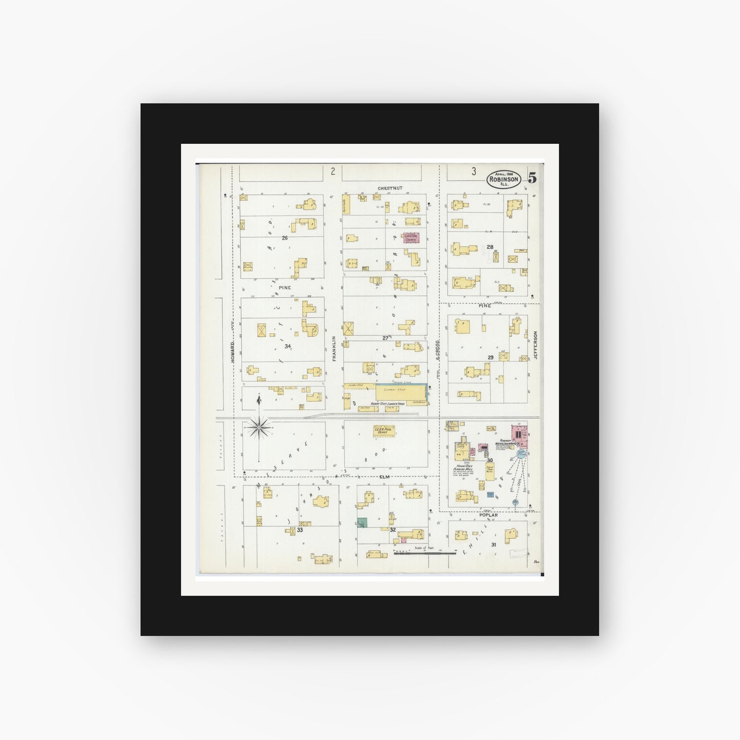 Old map wall art mockup — black gallery frame with white mat — Sanborn Fire Insurance Map from Robinson, Crawford County, Illinois (1906), Sheet #0005