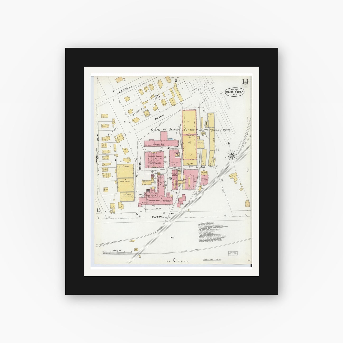 Old map wall art mockup — black gallery frame with white mat — Sanborn Fire Insurance Map from Battle Creek, Calhoun County, Michigan (1899), Sheet #0014