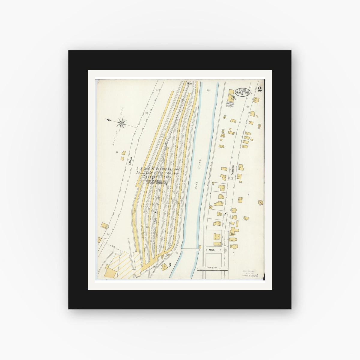 Old map wall art mockup — black gallery frame with white mat — Sanborn Fire Insurance Map from Galeton, Potter County, Pennsylvania (1900), Sheet #0002