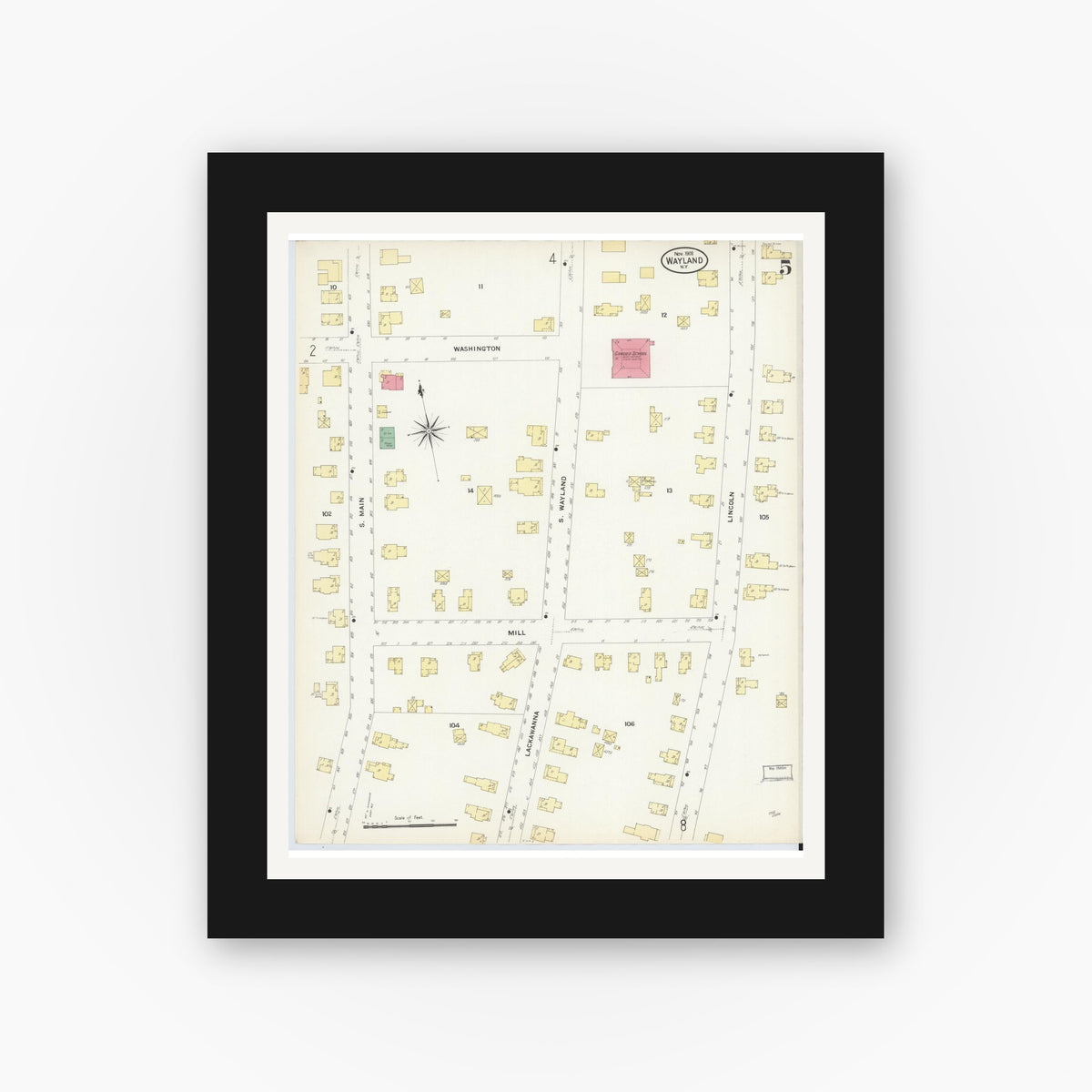 Old map wall art mockup — black gallery frame with white mat — Sanborn Fire Insurance Map from Wayland, Steuben County, New York (1908), Sheet #0005