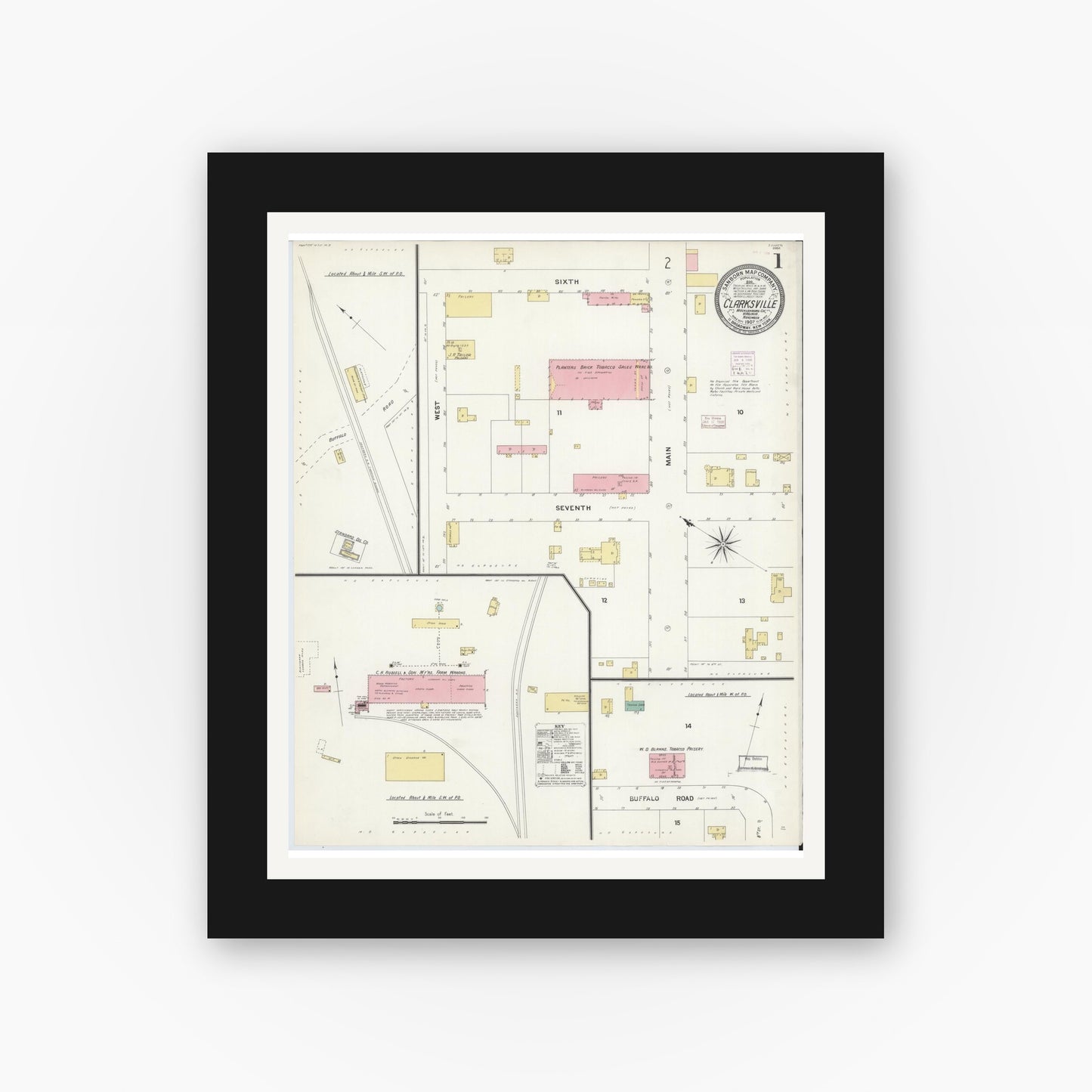 Old map wall art mockup — black gallery frame with white mat — Sanborn Fire Insurance Map from Clarksville, Mecklenburg County, Virginia (1907) - Complete Map Set